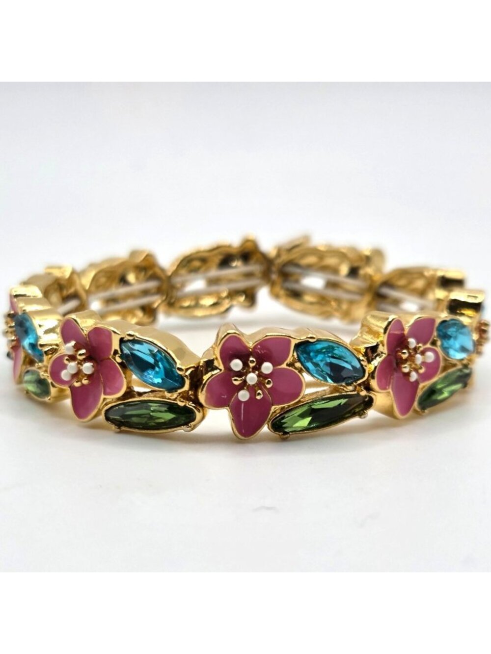 Talbots Bracelet Crystal Pink Enamel Floral Gold Tone Stretch Preppy Party